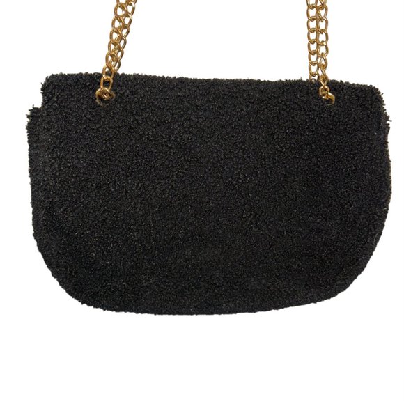 Black Teddy Bear Sherpa gold chain shoulder hand bag - Picture 3 of 4